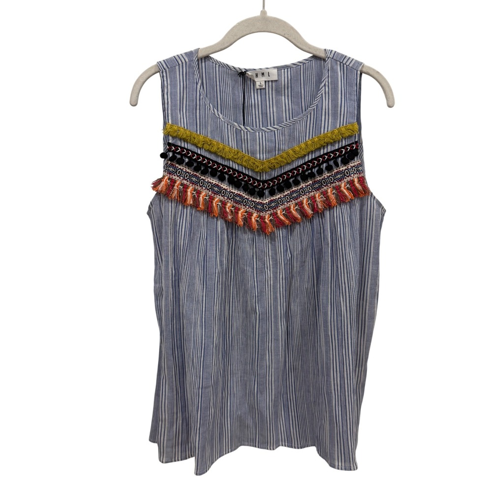 THML Blue Striped Embroidered Fringe Pom Pom Sleeveless Top Large FTM715-1